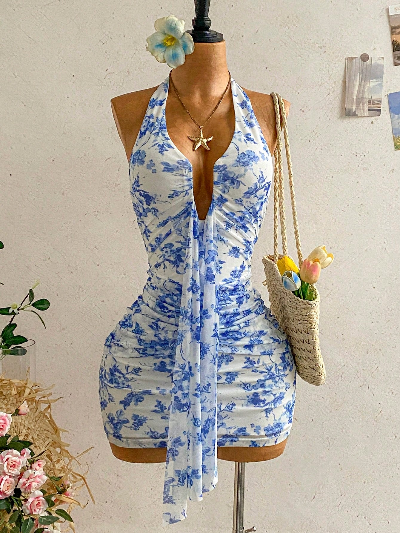 Women's Pale Yellow Halter Mini Dress,Deep V-Neck Ruched Bow Tie Summer Casual Sundress,Perfect For Holiday,Vacation,Beach,Party & Music Festival