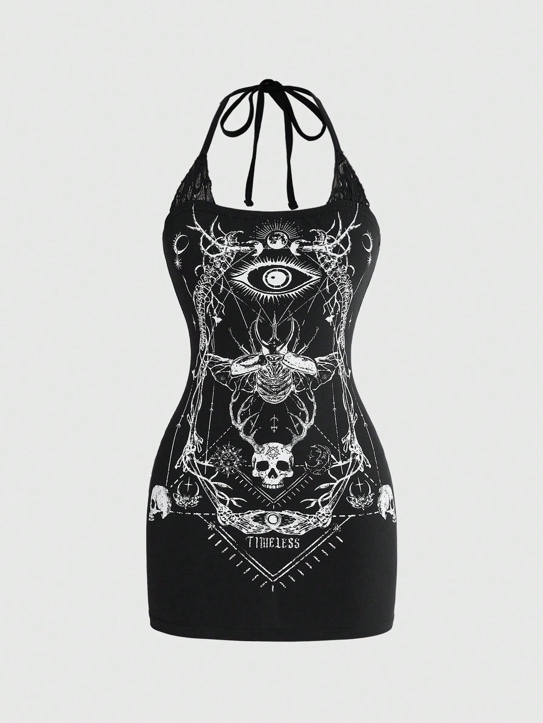 Women's black halter neck mini dress featuring contrast lace detail and a dark goth moth, eye, and skull print in a slim fit pencil silhouette.