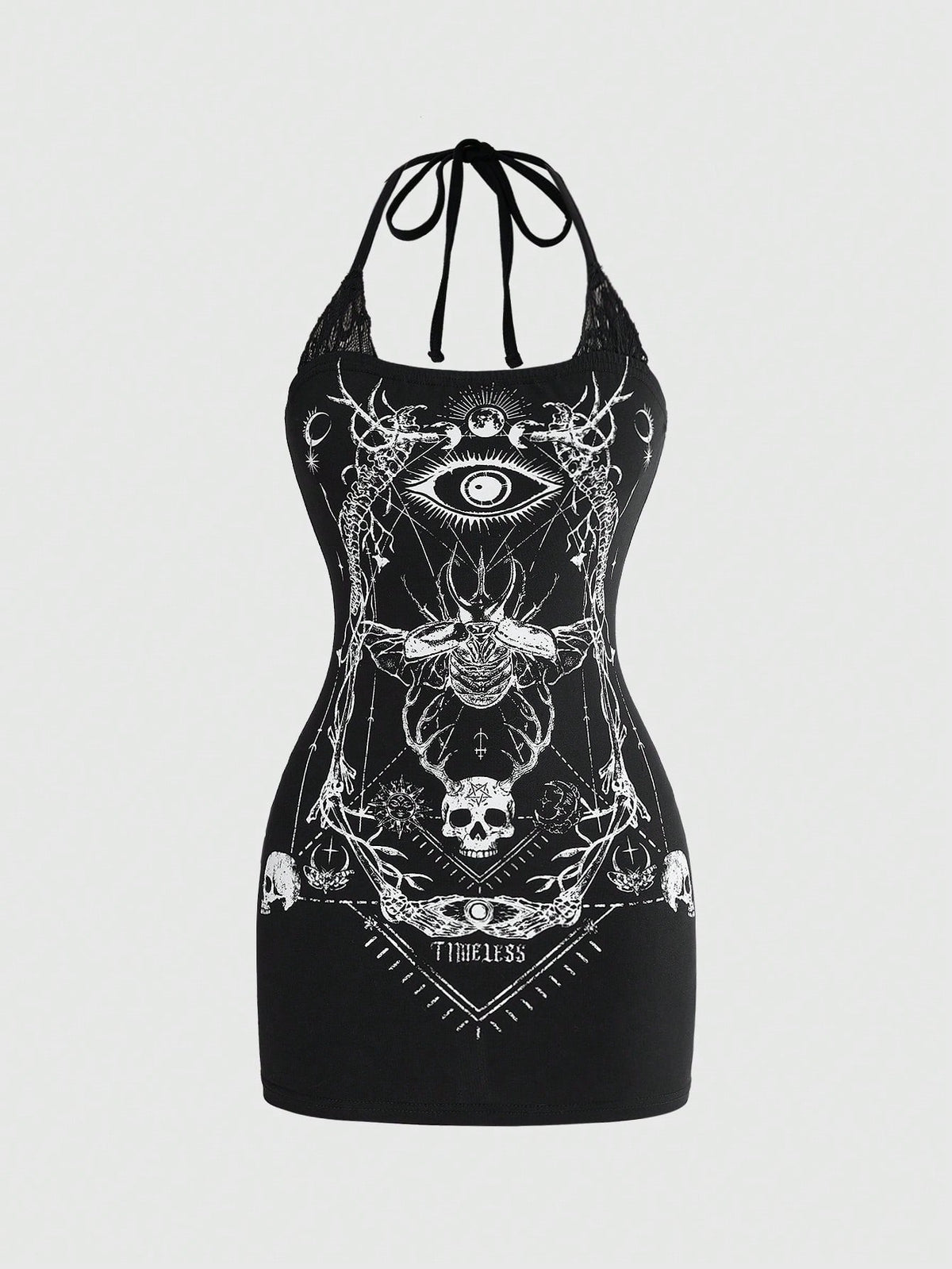 Women's black halter neck mini dress featuring contrast lace detail and a dark goth moth, eye, and skull print in a slim fit pencil silhouette.