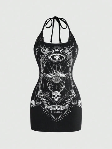 Women's black halter neck mini dress featuring contrast lace detail and a dark goth moth, eye, and skull print in a slim fit pencil silhouette.
