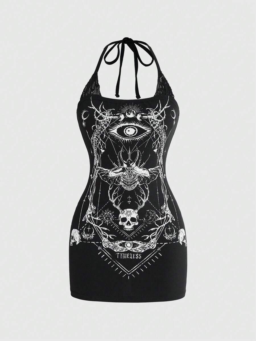 Women's black halter neck mini dress featuring contrast lace detail and a dark goth moth, eye, and skull print in a slim fit pencil silhouette.