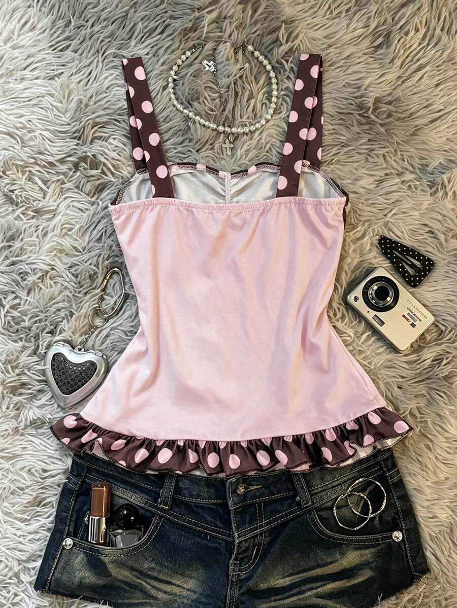 Multicolor women's wide strap tank top featuring polka dot pattern, ruched shirred bodice, and flared ruffle hem.