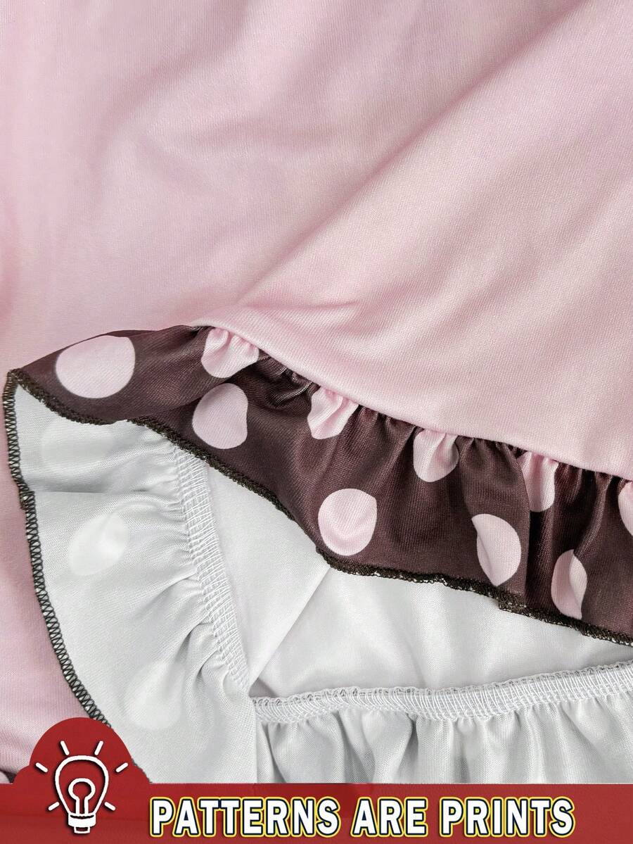 Multicolor women's wide strap tank top featuring polka dot pattern, ruched shirred bodice, and flared ruffle hem.