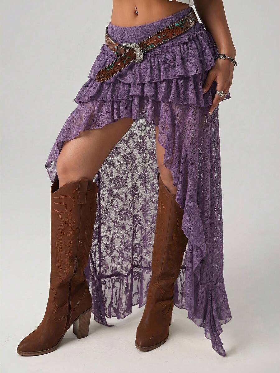 Women's lace tiered asymmetrical maxi skirt featuring a low waist and high slit thigh design.