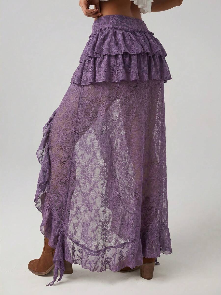Women's lace tiered asymmetrical maxi skirt featuring a low waist and high slit thigh design.
