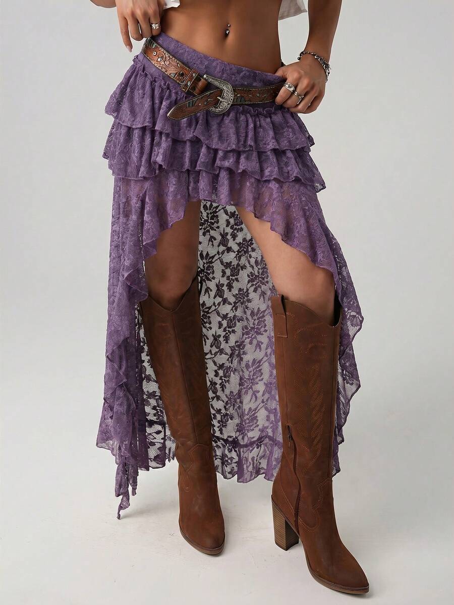 Women's lace tiered asymmetrical maxi skirt featuring a low waist and high slit thigh design.
