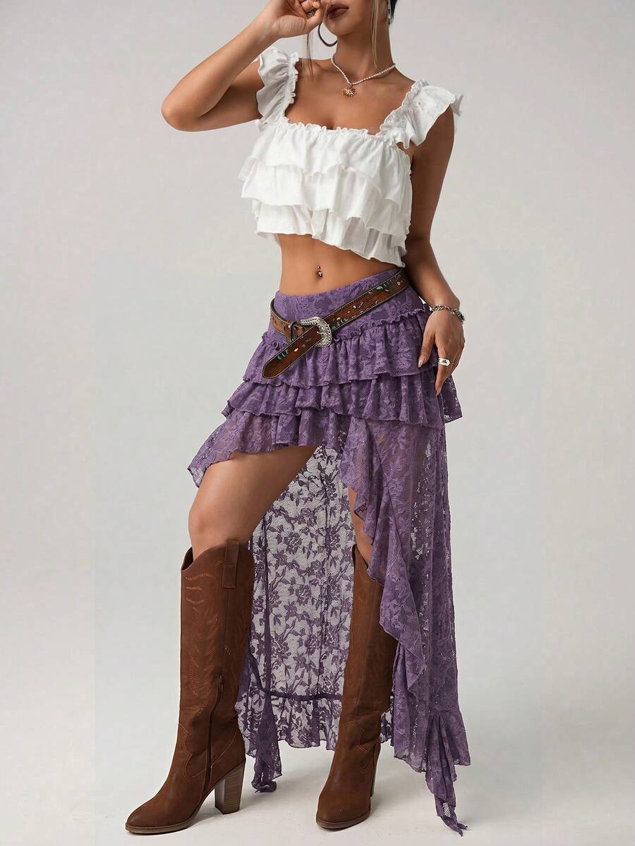 Women's lace tiered asymmetrical maxi skirt featuring a low waist and high slit thigh design.