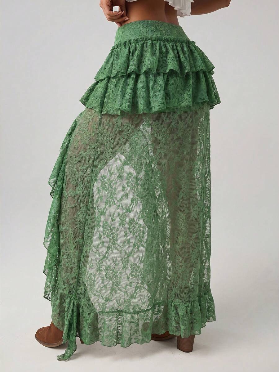 Women's lace tiered asymmetrical maxi skirt featuring a low waist and high slit thigh design.