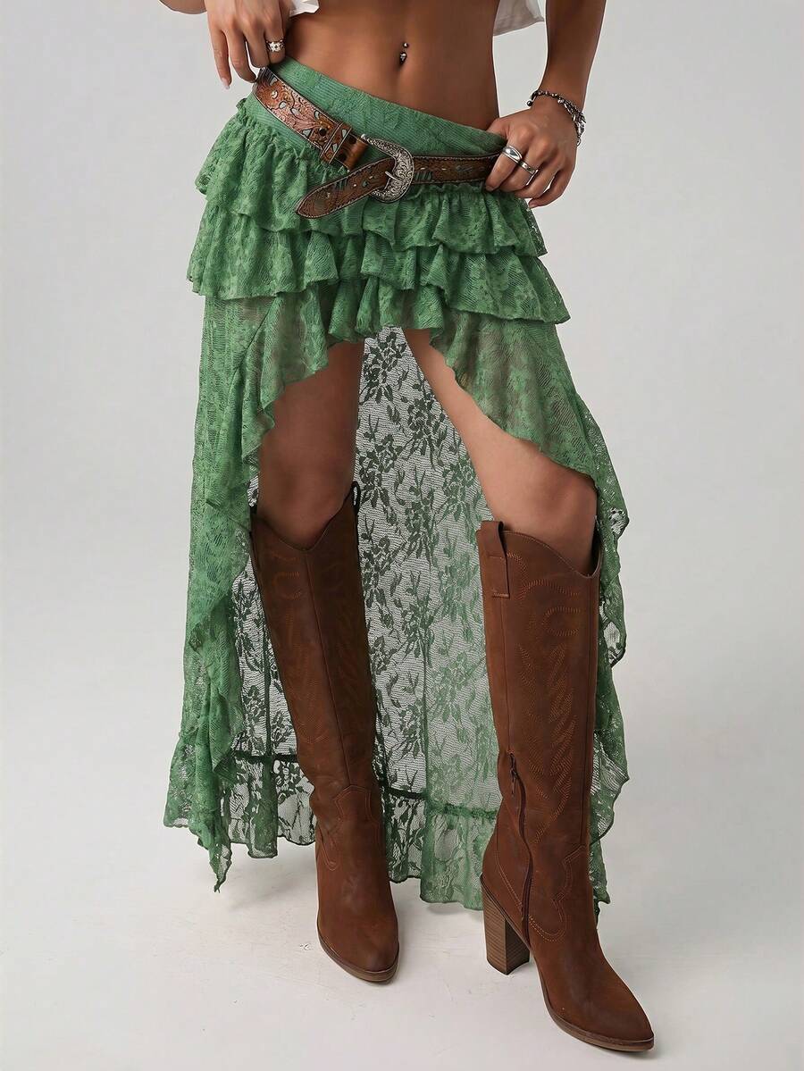 Women's lace tiered asymmetrical maxi skirt featuring a low waist and high slit thigh design.