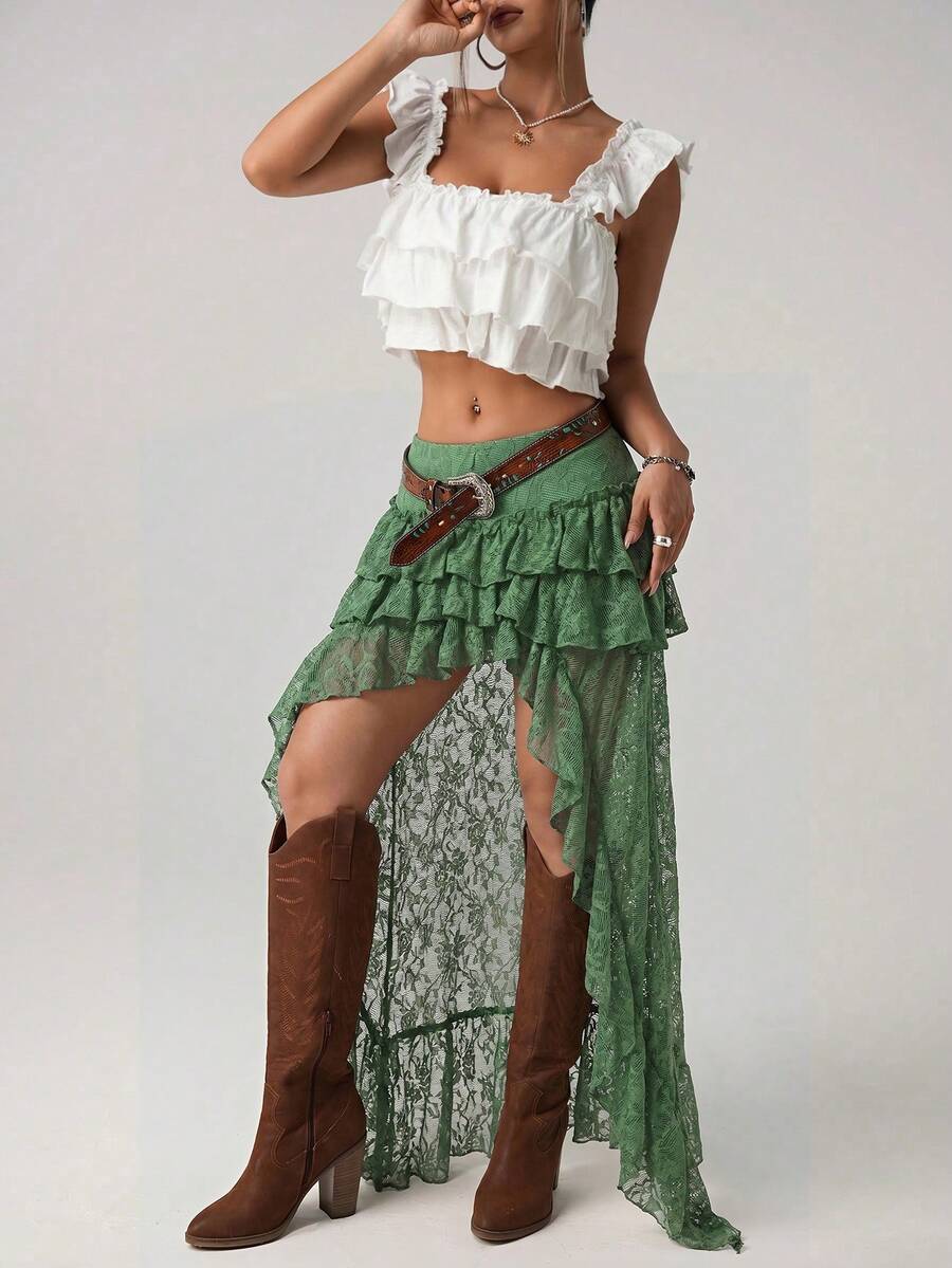 Women's lace tiered asymmetrical maxi skirt featuring a low waist and high slit thigh design.