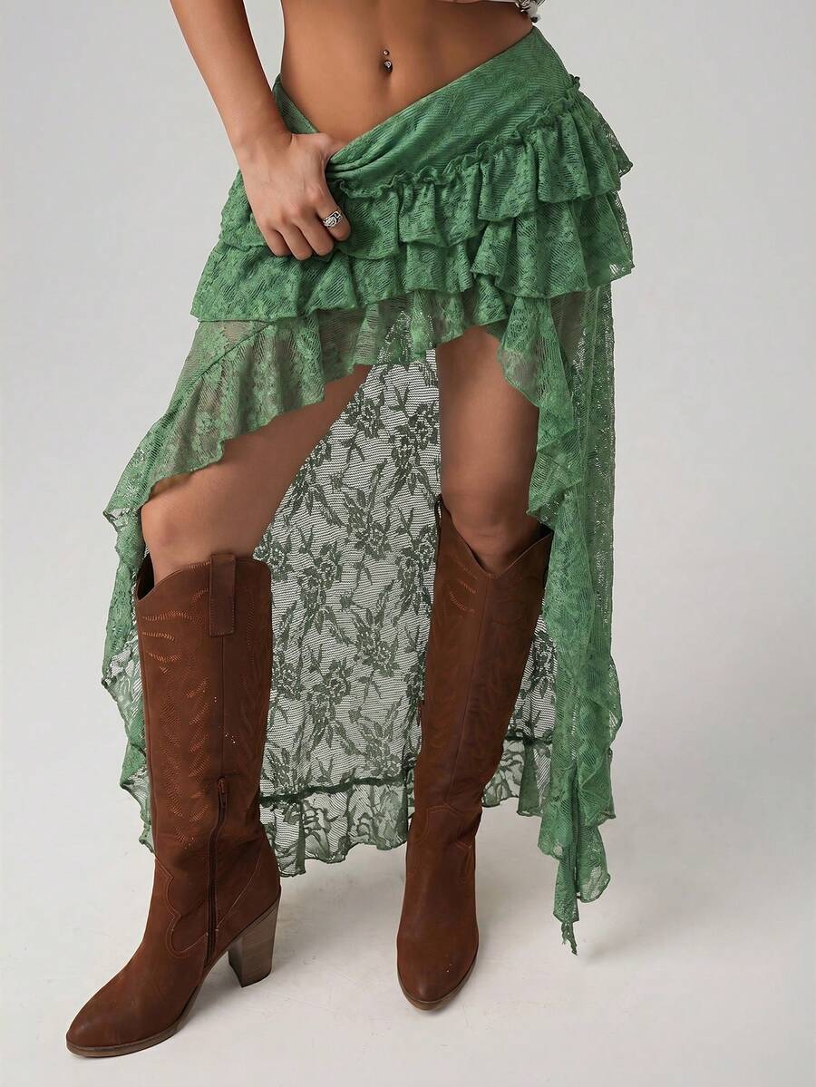 Women's lace tiered asymmetrical maxi skirt featuring a low waist and high slit thigh design.