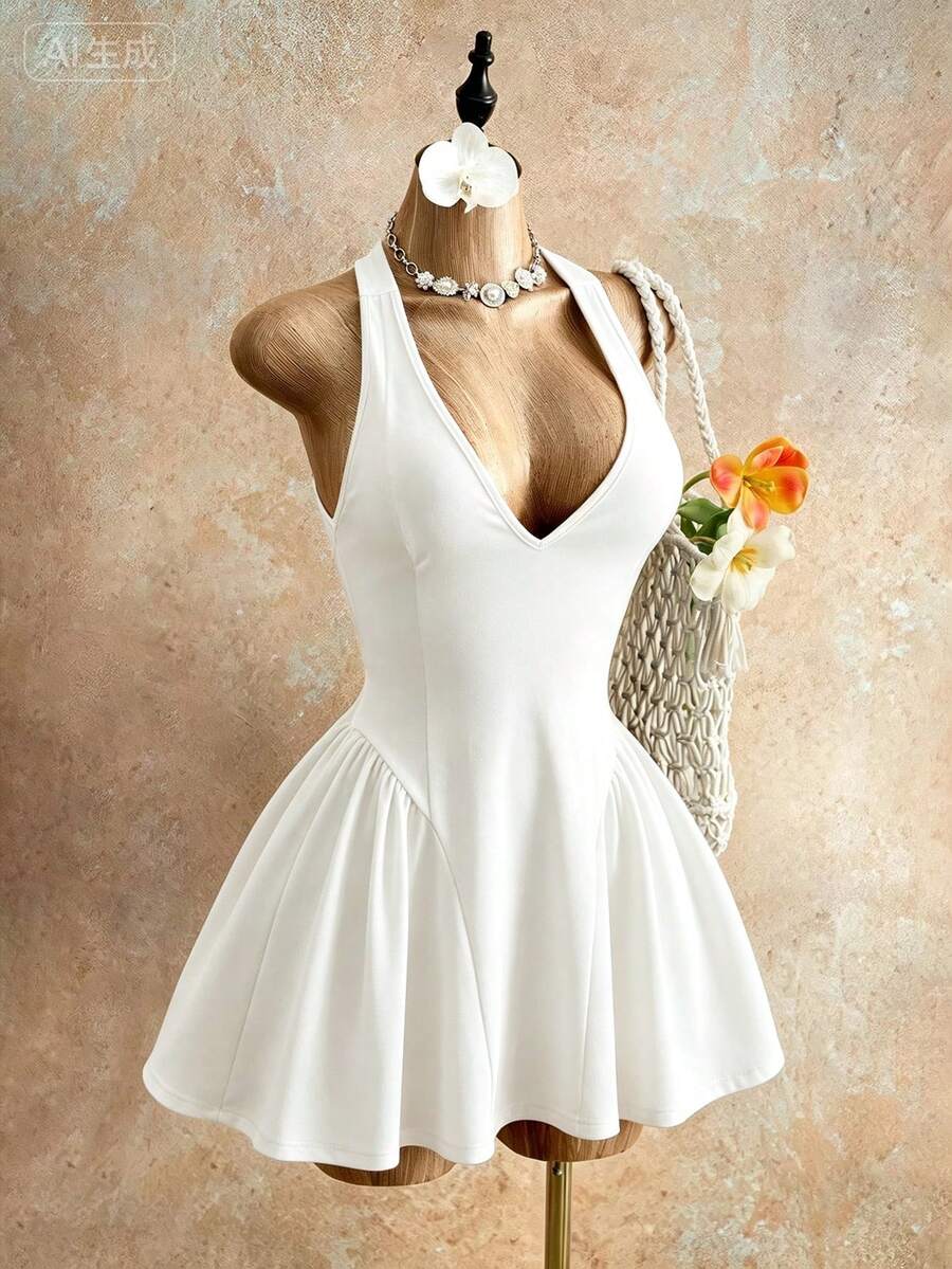 Sleeveless black halter mini dress for women featuring a high waist, A-line flared hem, and criss cross details.