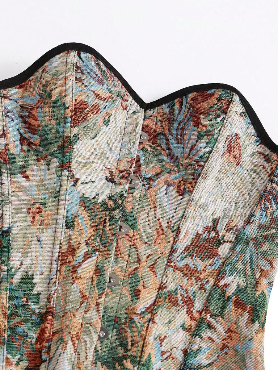 Multicolor floral pattern boned bustier micro crop top for women featuring a strapless sleeveless design and slim fit.