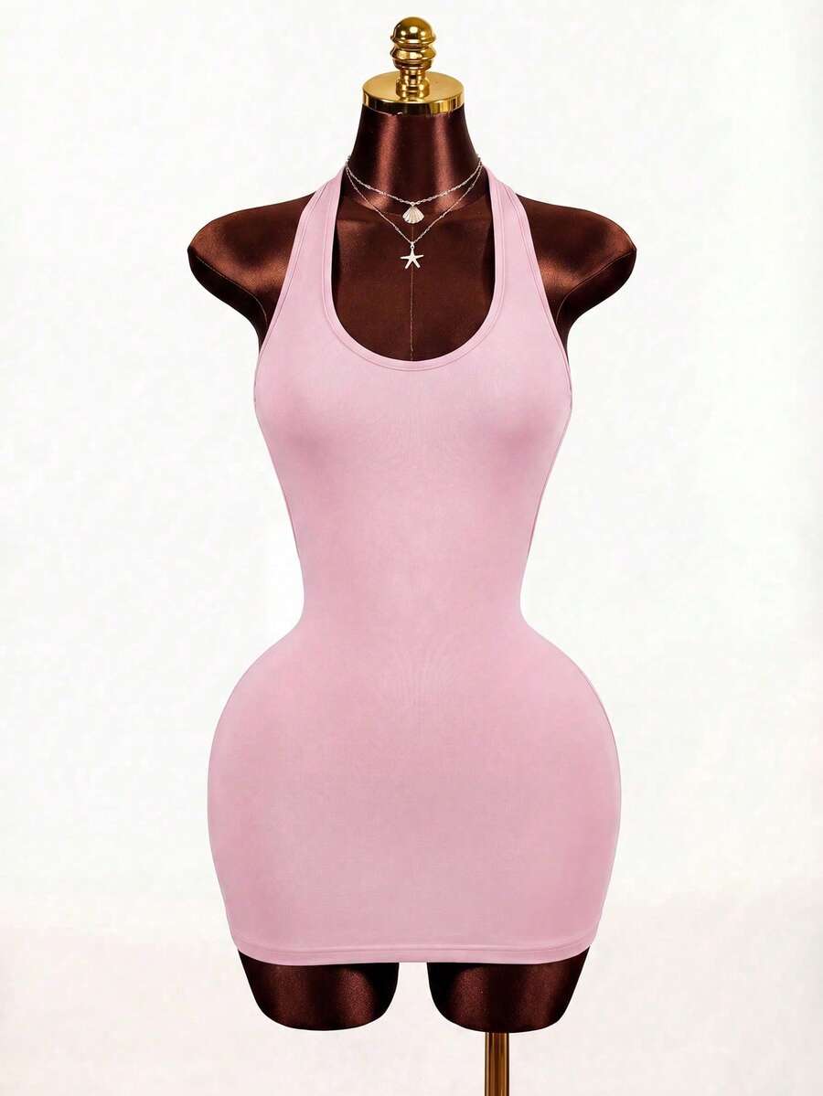 Sleeveless black backless bodycon mini dress with a scoop neck and slim fit knit fabric for women