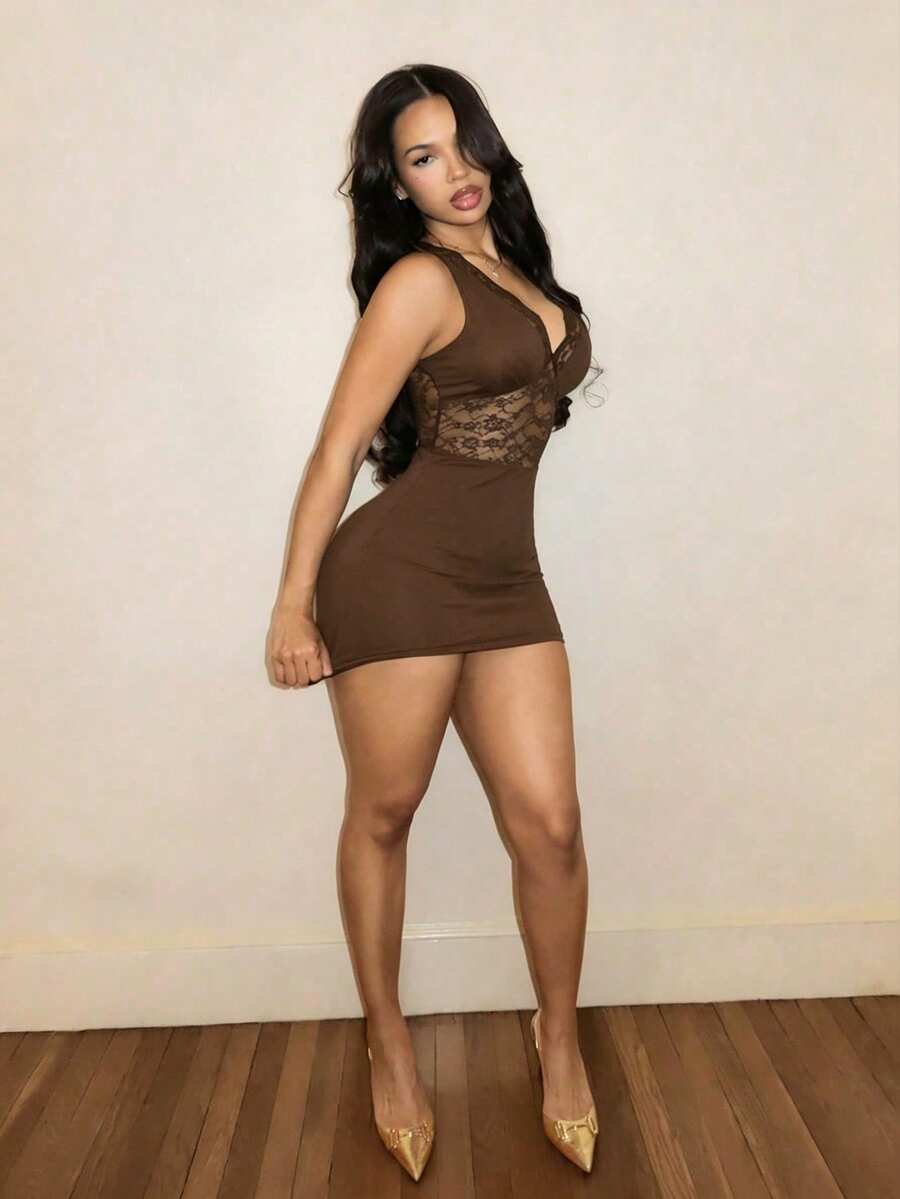 Women's black lace patchwork bodycon mini dress featuring spaghetti straps and a high waist slim fit design.