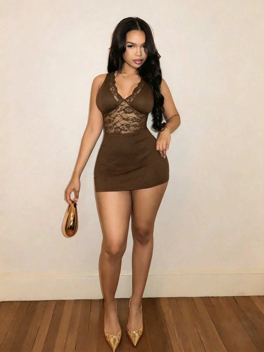 Women's black lace patchwork bodycon mini dress featuring spaghetti straps and a high waist slim fit design.