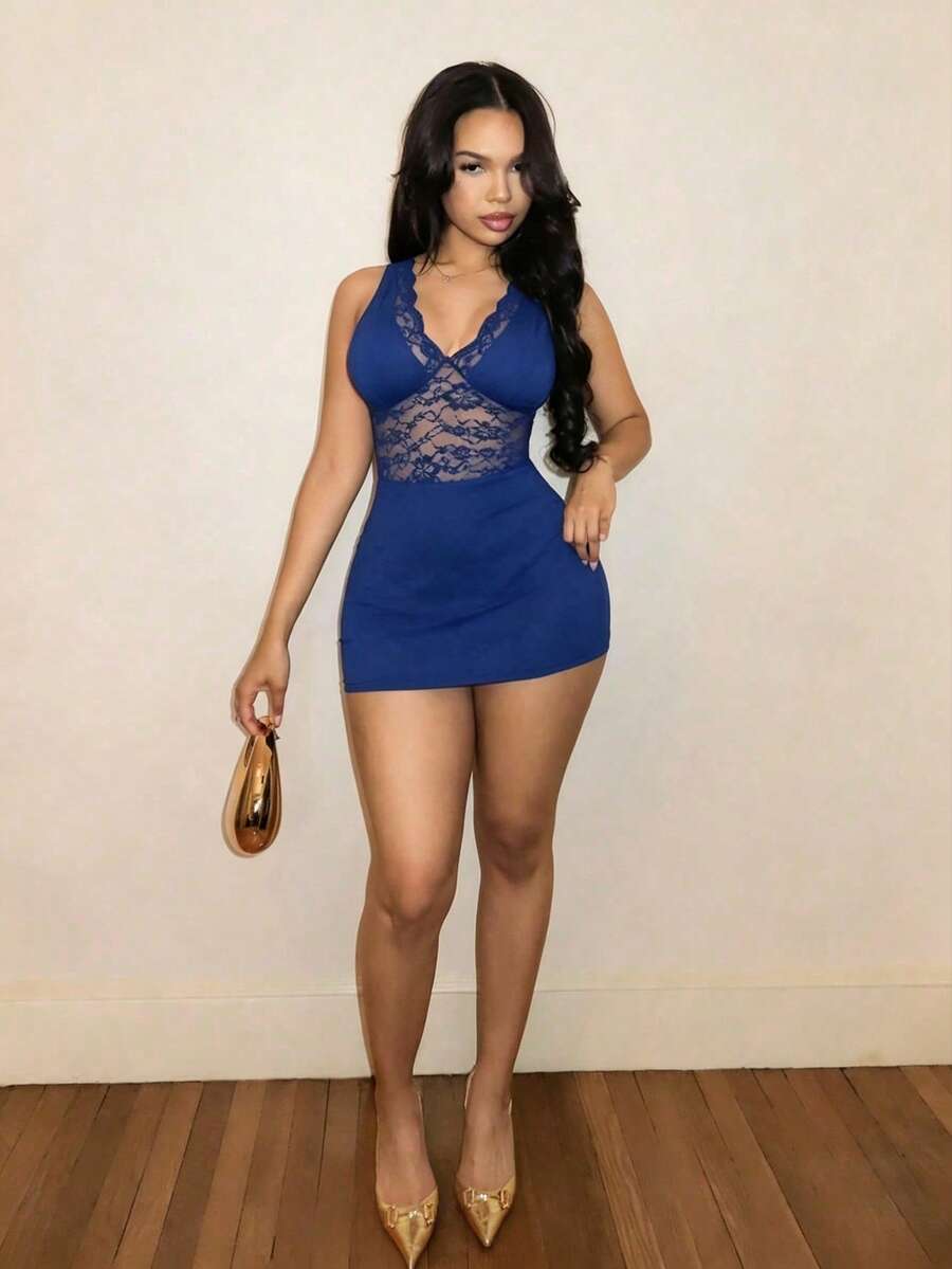 Women's black lace patchwork bodycon mini dress featuring spaghetti straps and a high waist slim fit design.