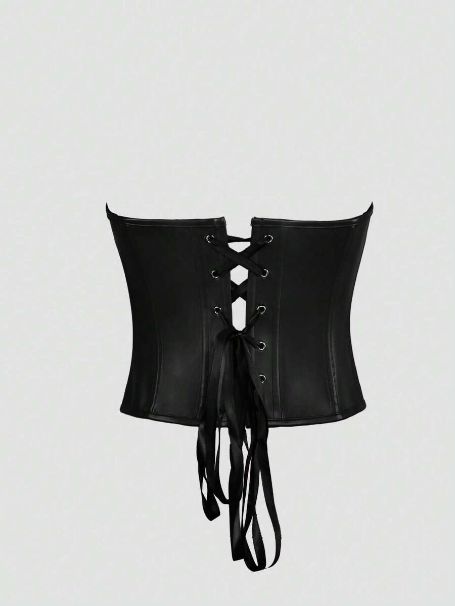 Black Y2K fitted corset crop top featuring a halter neckline, backless design, front hook closure, and back lace-up detail.