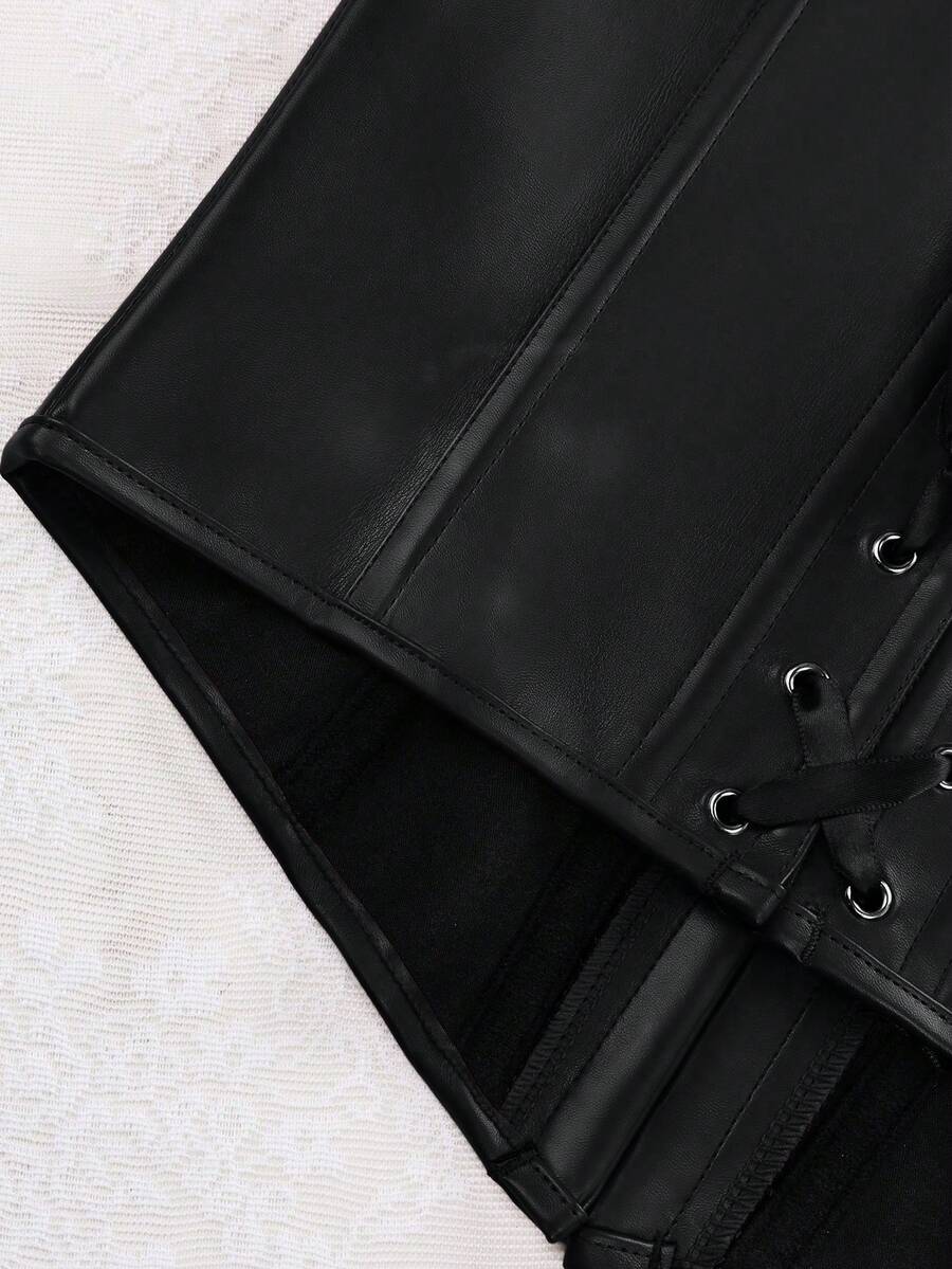 Black Y2K fitted corset crop top featuring a halter neckline, backless design, front hook closure, and back lace-up detail.