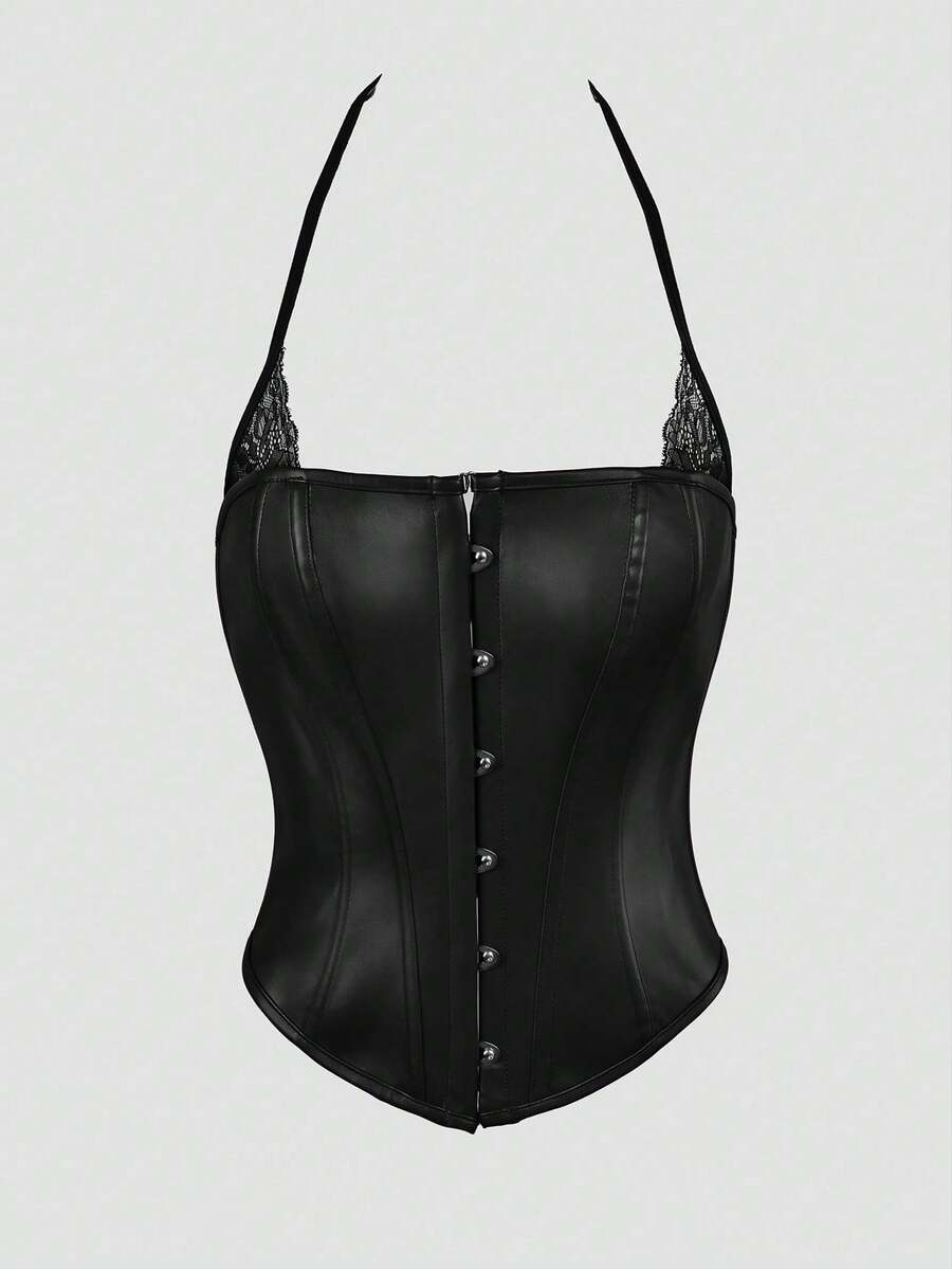 Black Y2K fitted corset crop top featuring a halter neckline, backless design, front hook closure, and back lace-up detail.