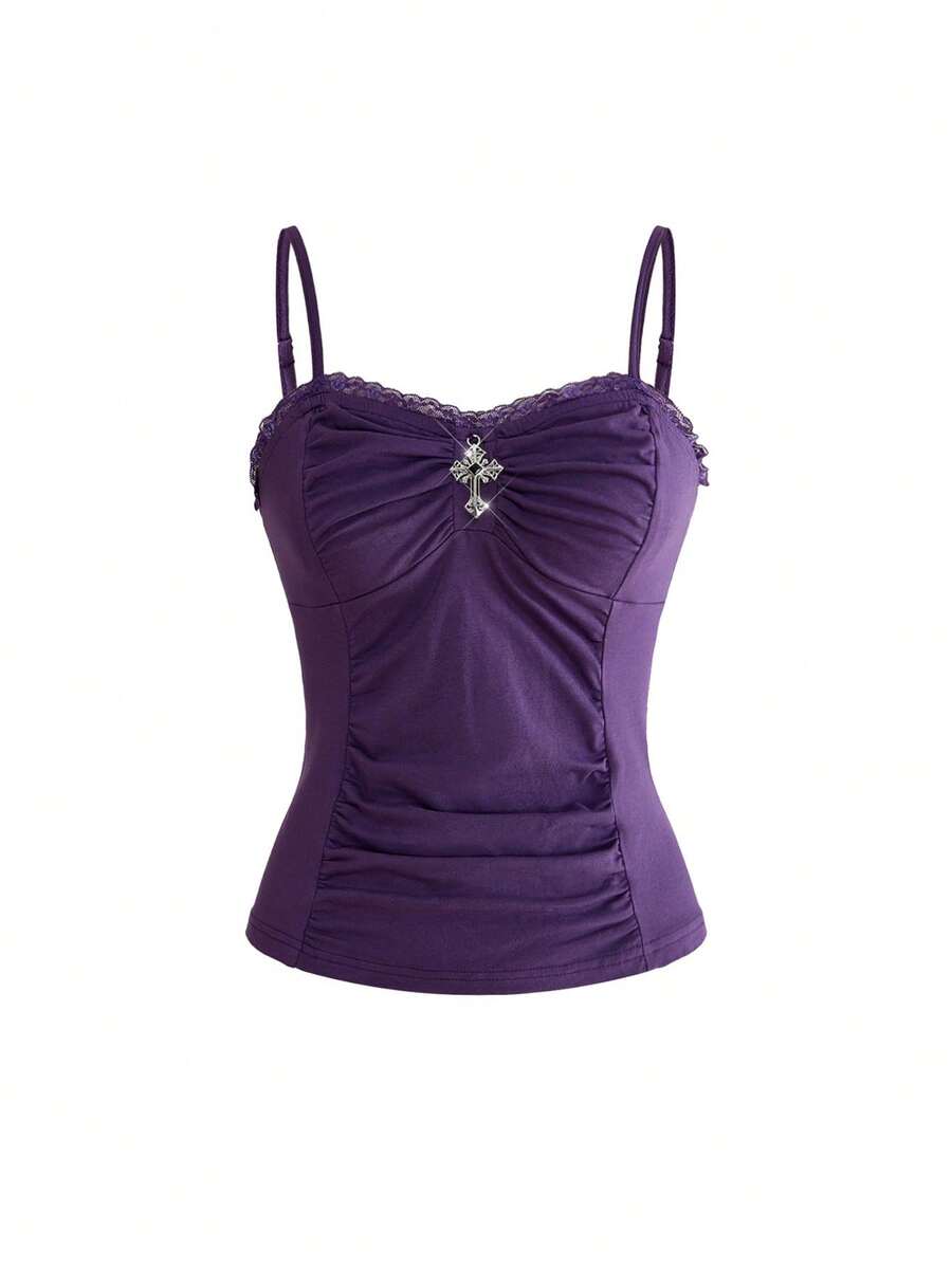 A black gothic slim-fit tank top featuring contrast lace patchwork detailing, ruched frill trim, and thin spaghetti straps made from soft knitted stretch fabric.