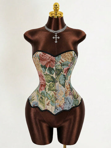 Multicolor floral pattern boned bustier micro crop top for women featuring a strapless sleeveless design and slim fit.
