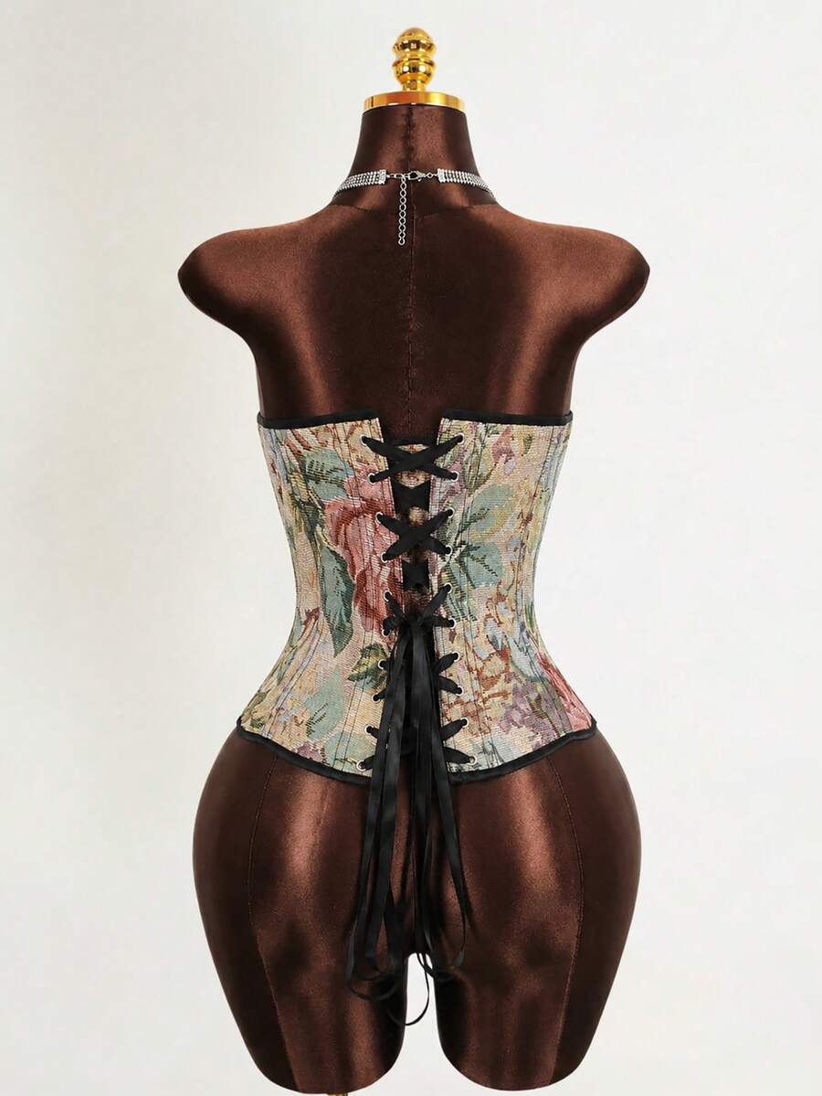 Multicolor floral pattern boned bustier micro crop top for women featuring a strapless sleeveless design and slim fit.