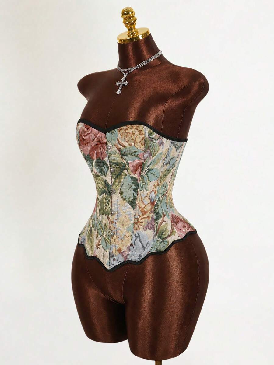Multicolor floral pattern boned bustier micro crop top for women featuring a strapless sleeveless design and slim fit.