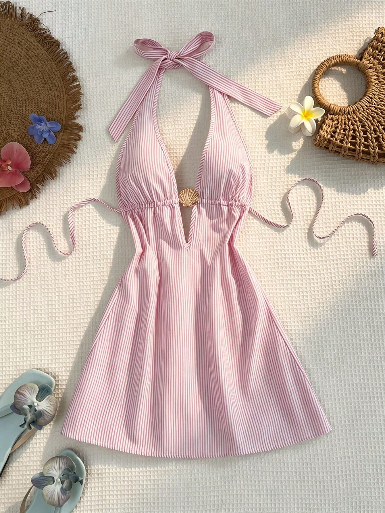 Women Blue And White Stripe Bamboo Fiber Deep V Halter Backless Tie Waist A-Line Mini Dress,Summer Casual Holiday Vacation Holiday Metal Shell Decor