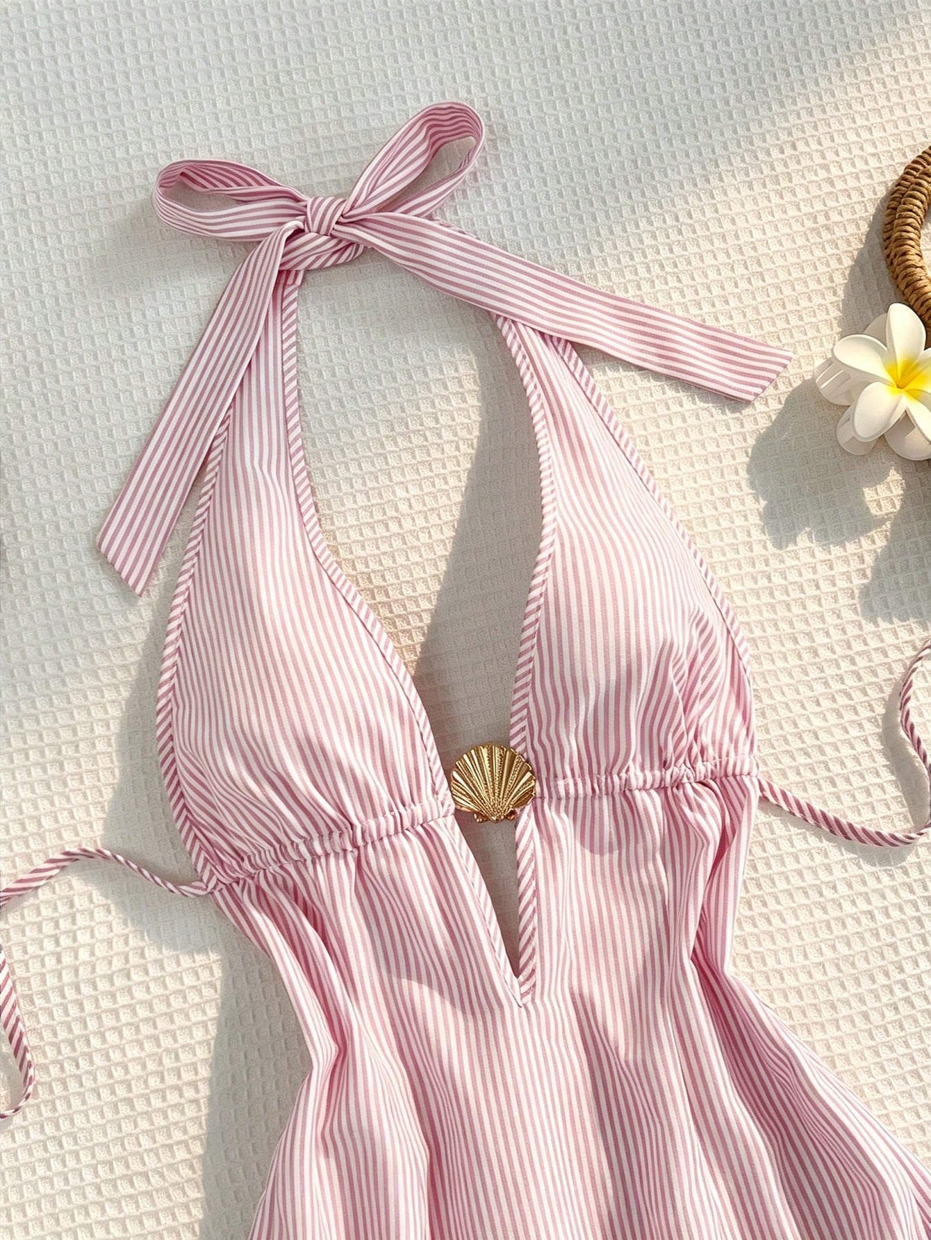 Women Blue And White Stripe Bamboo Fiber Deep V Halter Backless Tie Waist A-Line Mini Dress,Summer Casual Holiday Vacation Holiday Metal Shell Decor