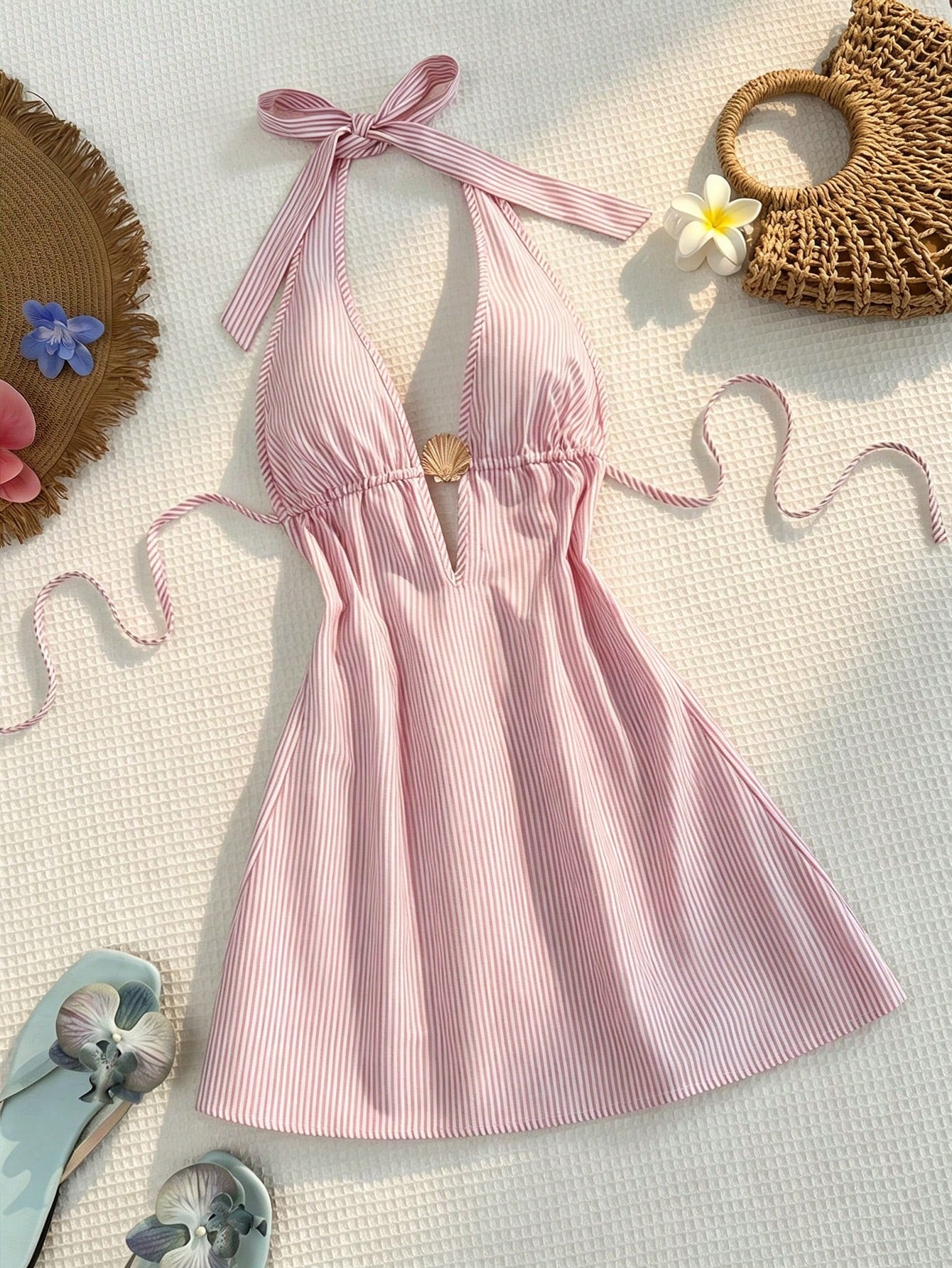 Women Blue And White Stripe Bamboo Fiber Deep V Halter Backless Tie Waist A-Line Mini Dress,Summer Casual Holiday Vacation Holiday Metal Shell Decor