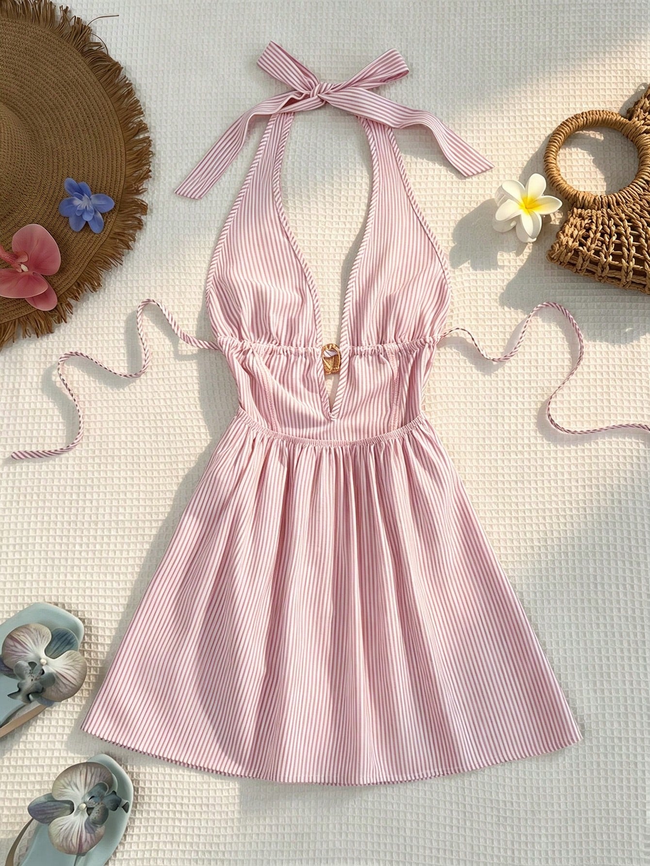Women Blue And White Stripe Bamboo Fiber Deep V Halter Backless Tie Waist A-Line Mini Dress,Summer Casual Holiday Vacation Holiday Metal Shell Decor