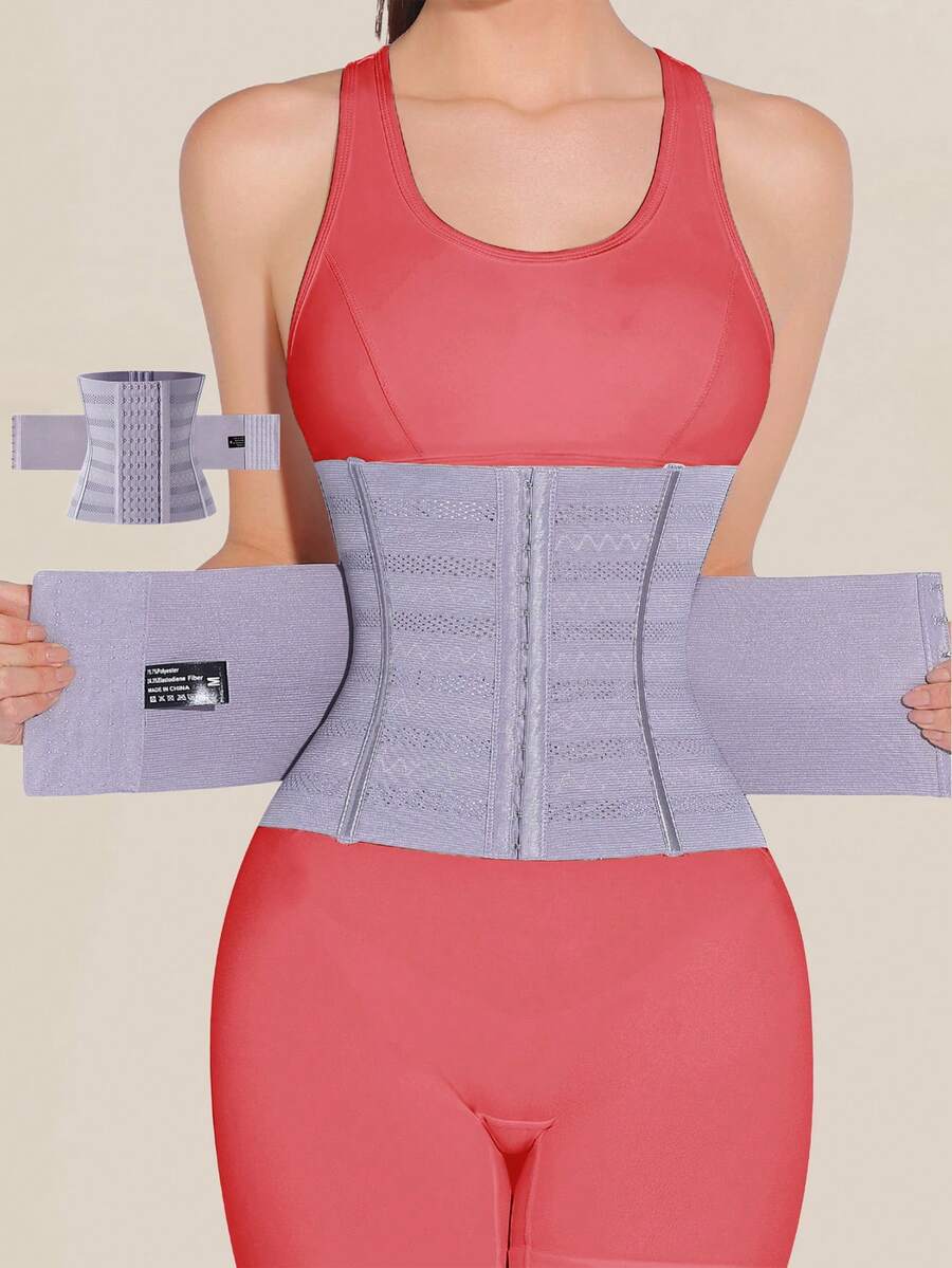 Black double belt wrap waist trainer corset shapewear for women with strong tummy control and button front design.