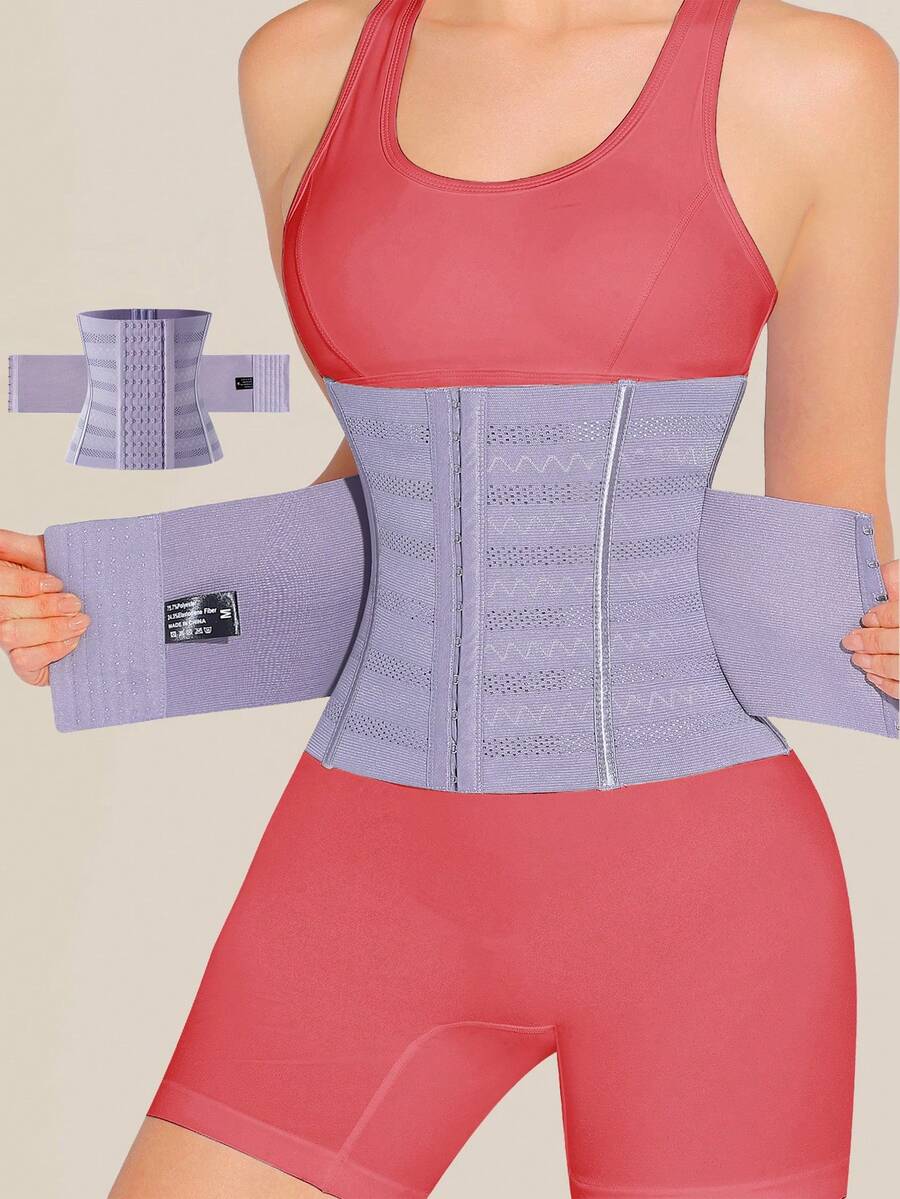 Black double belt wrap waist trainer corset shapewear for women with strong tummy control and button front design.