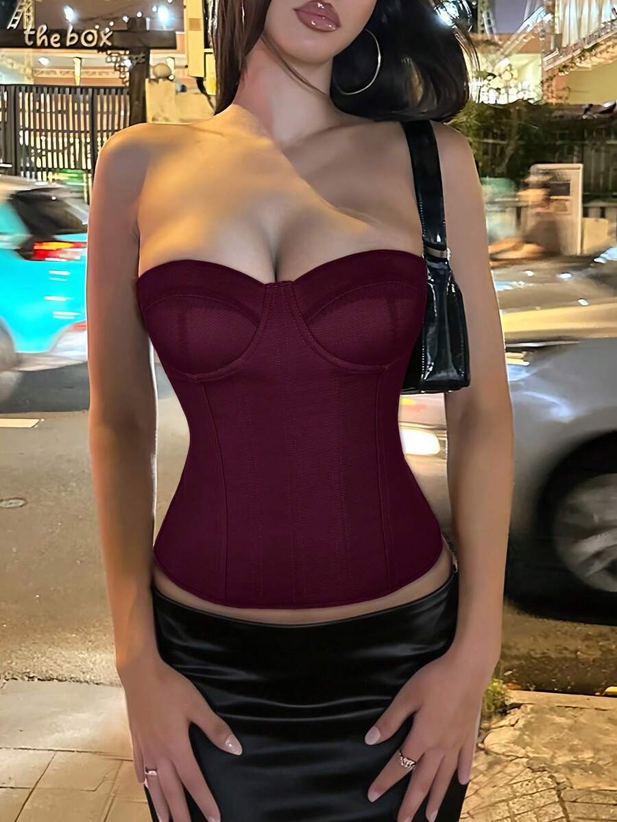 Red strapless corset top with boning and lace-up back, slim fit cropped tube top for women.
