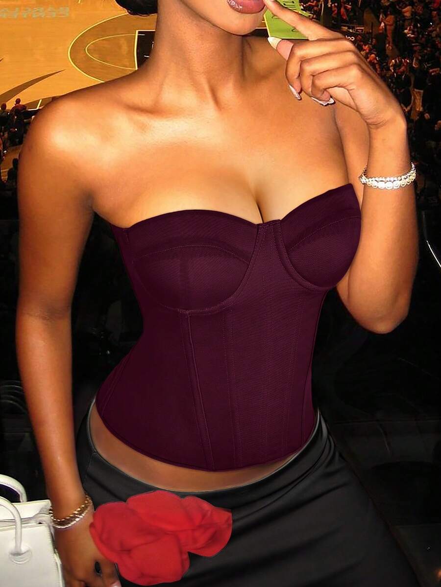 Red strapless corset top with boning and lace-up back, slim fit cropped tube top for women.