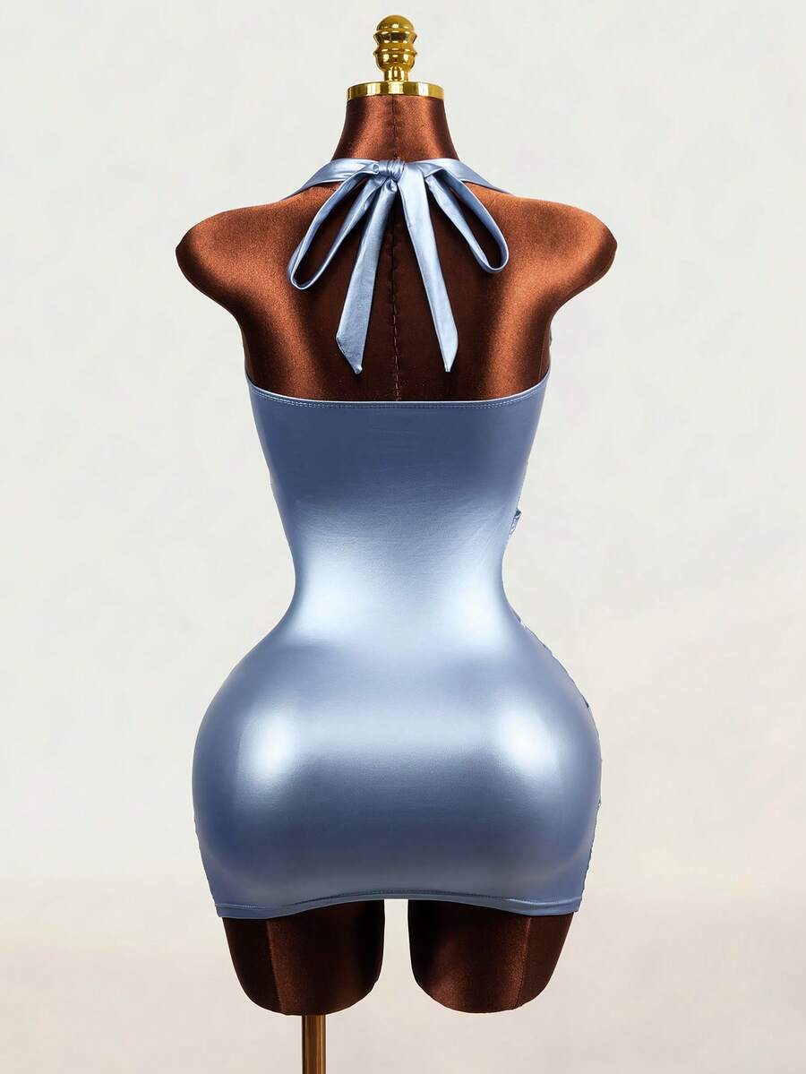 Women's baby blue halter neck bodycon dress featuring cutout detail, sleeveless short length pencil hem, and slim fit knitted fabric.