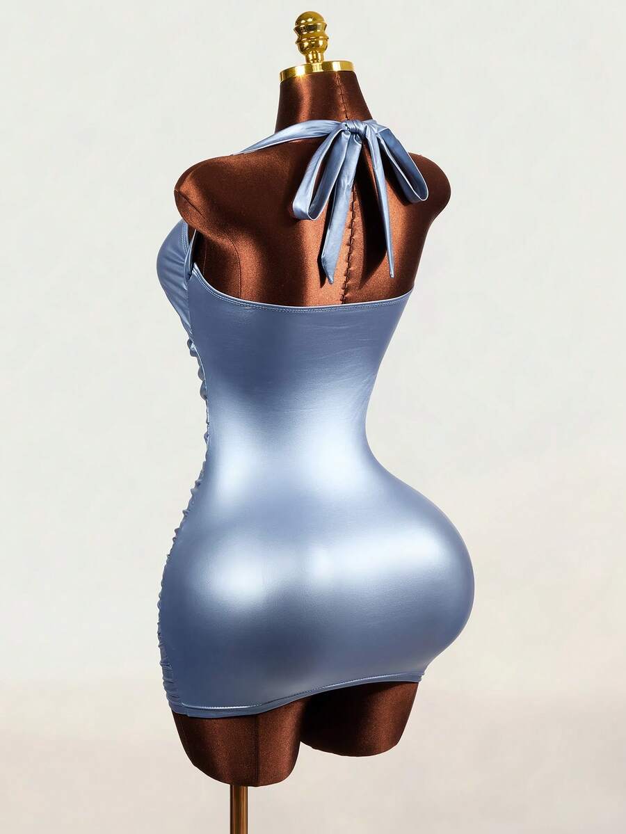 Women's baby blue halter neck bodycon dress featuring cutout detail, sleeveless short length pencil hem, and slim fit knitted fabric.