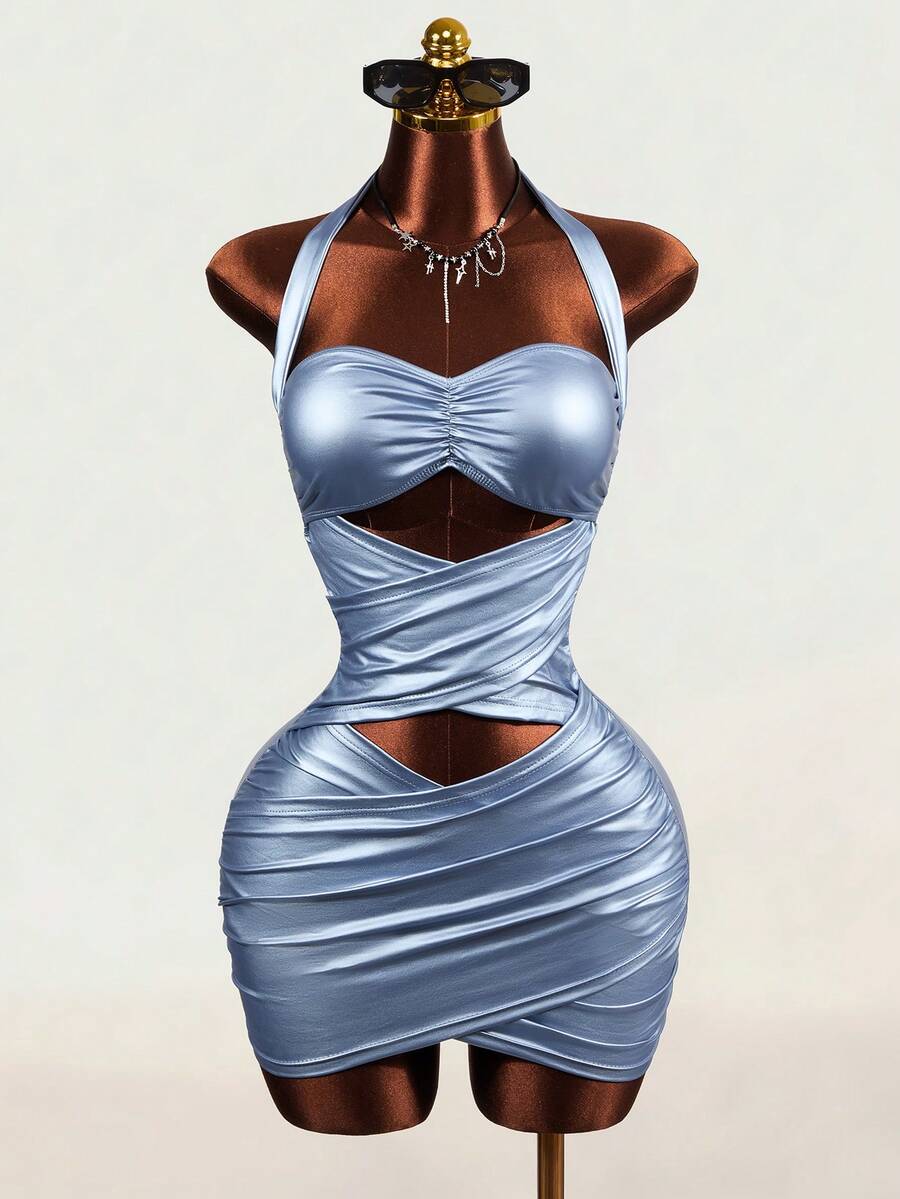 Women's baby blue halter neck bodycon dress featuring cutout detail, sleeveless short length pencil hem, and slim fit knitted fabric.