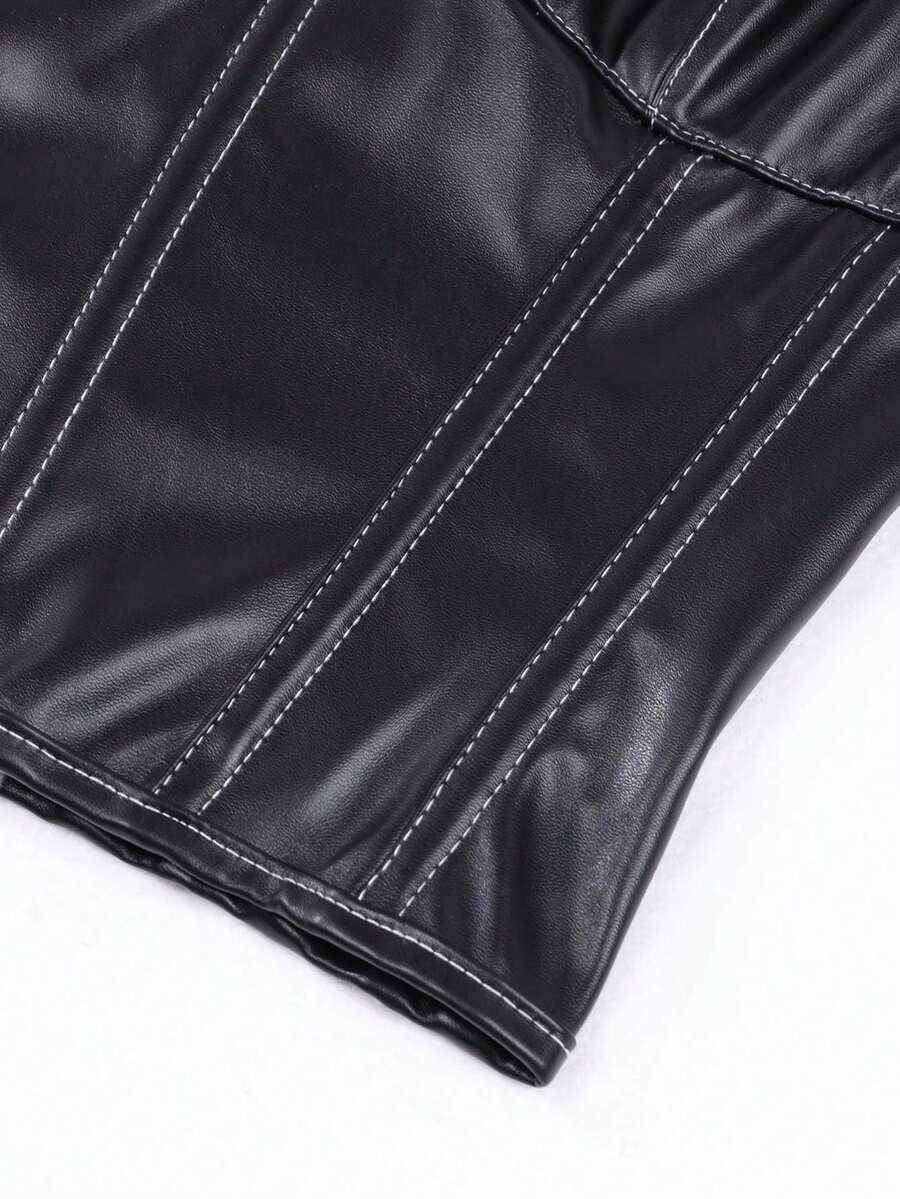Burgundy Y2K PU leather strapless bustier crop top with lace-up backless design for women