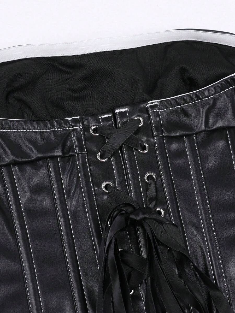 Burgundy Y2K PU leather strapless bustier crop top with lace-up backless design for women