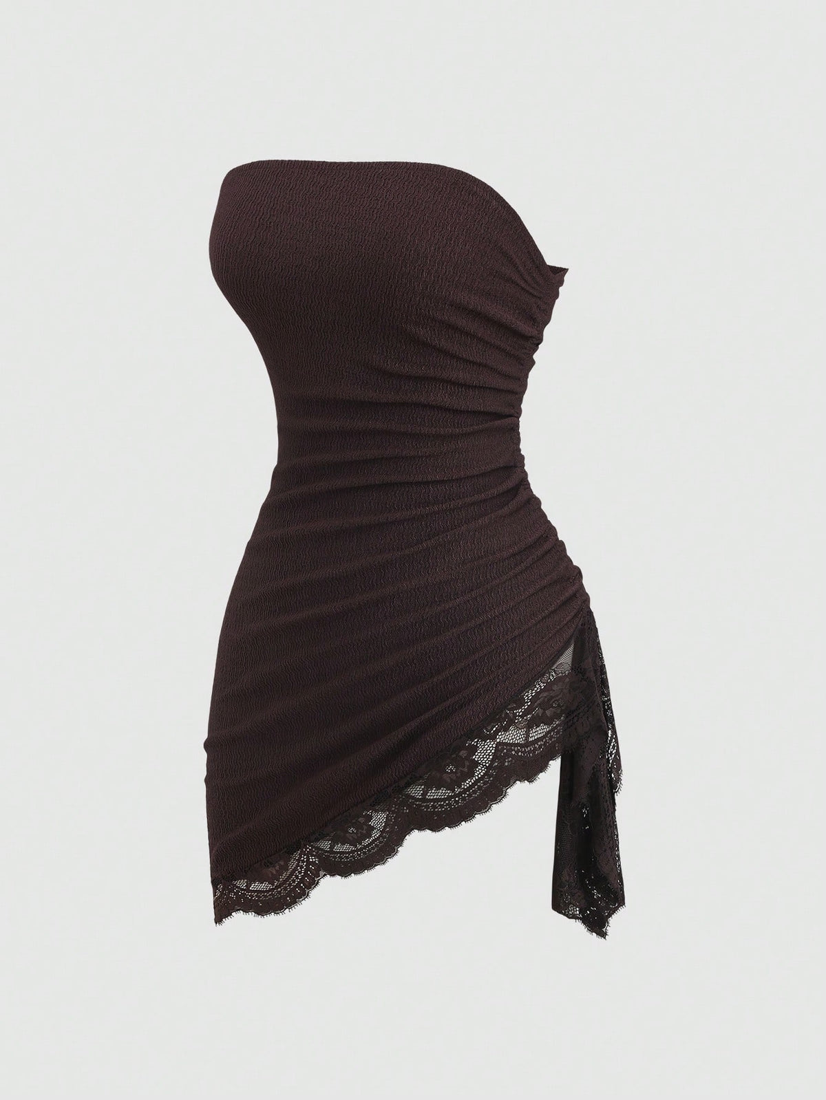 Women's black strapless lace patchwork bodycon mini dress featuring a slim fit design and an asymmetrical hem.
