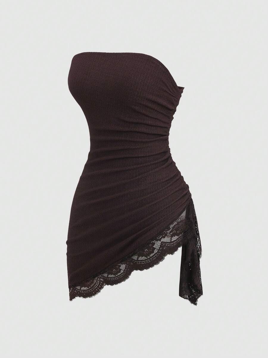 Women's black strapless lace patchwork bodycon mini dress featuring a slim fit design and an asymmetrical hem.