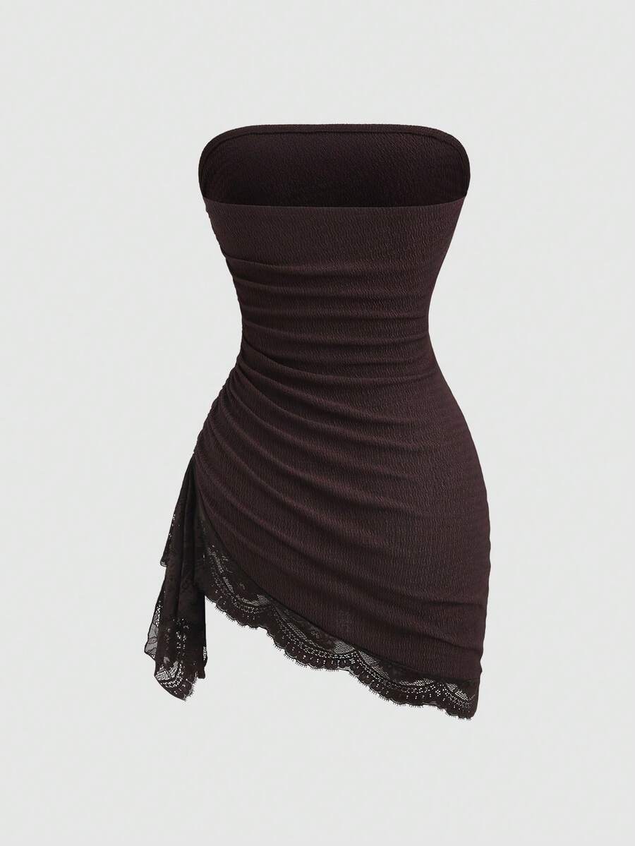 Women's black strapless lace patchwork bodycon mini dress featuring a slim fit design and an asymmetrical hem.