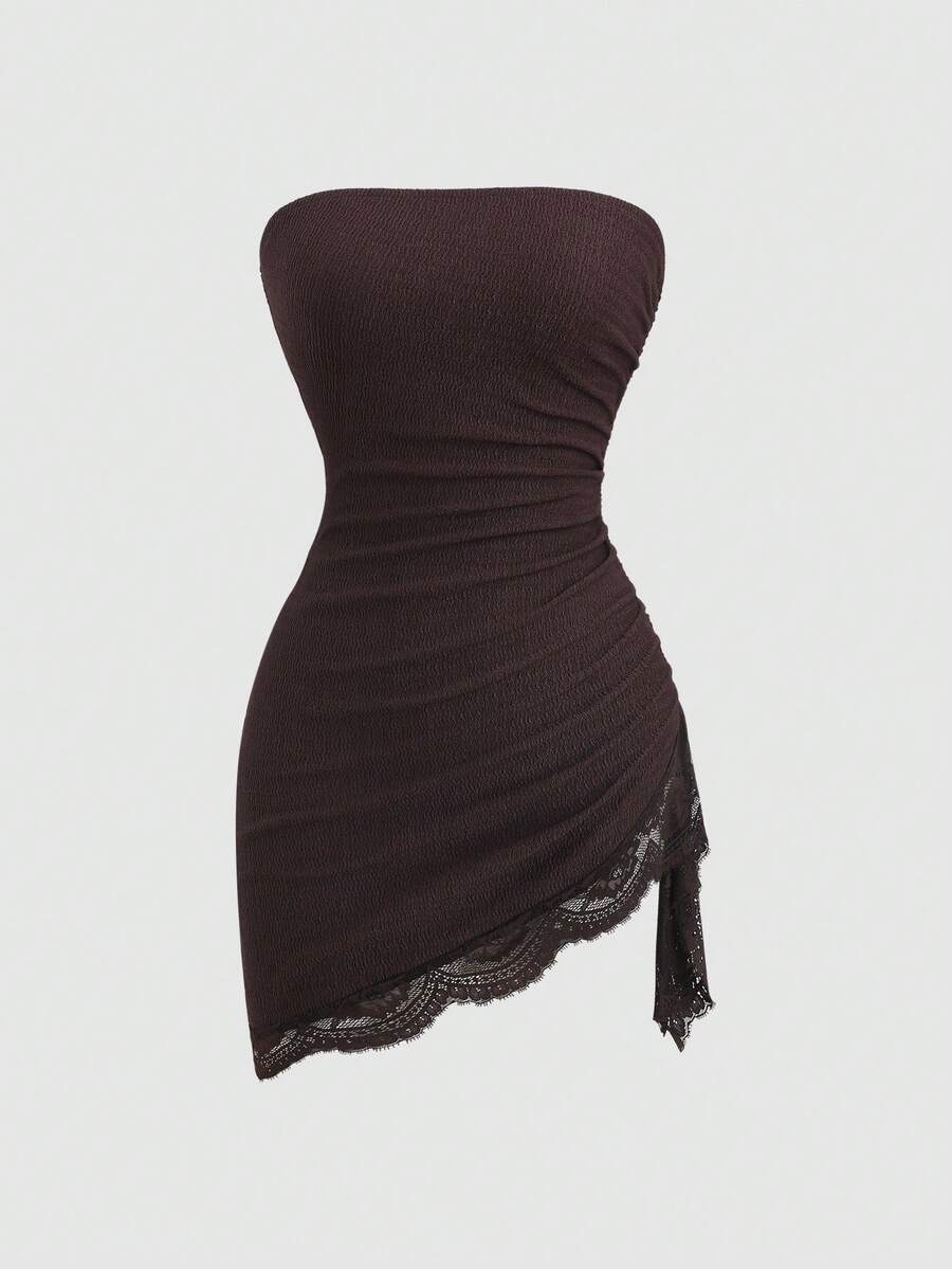 Women's black strapless lace patchwork bodycon mini dress featuring a slim fit design and an asymmetrical hem.
