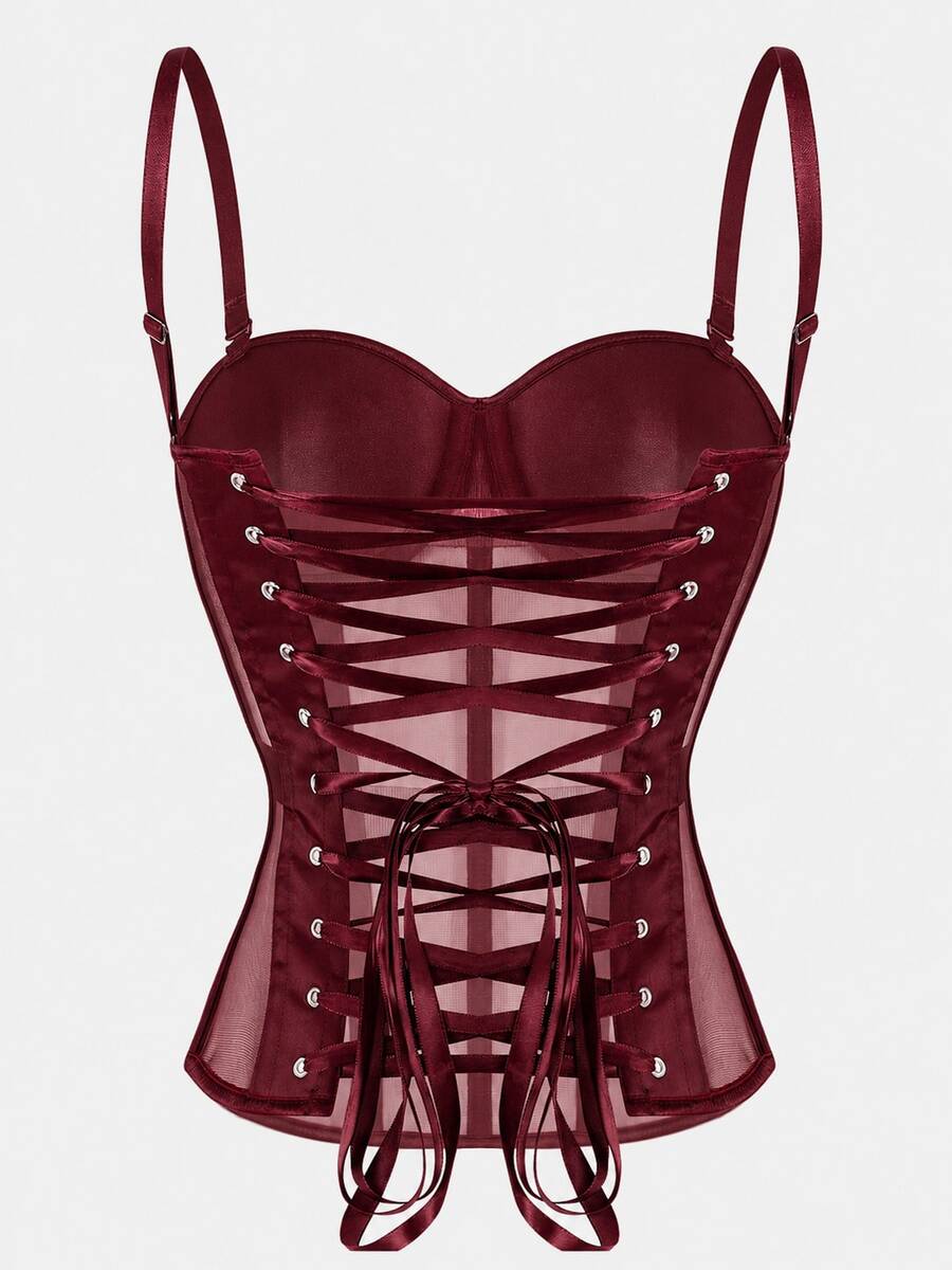 Beige strapless sheer mesh corset top for women featuring front boning, lace-up grommet eyelet detail, and push-up padded cups.