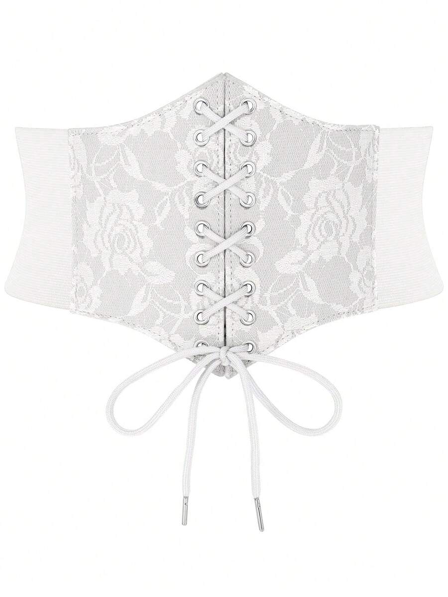 Black lace-up waist cincher with grommet eyelets, baroque pattern, medium stretch, and wide belt design for women.