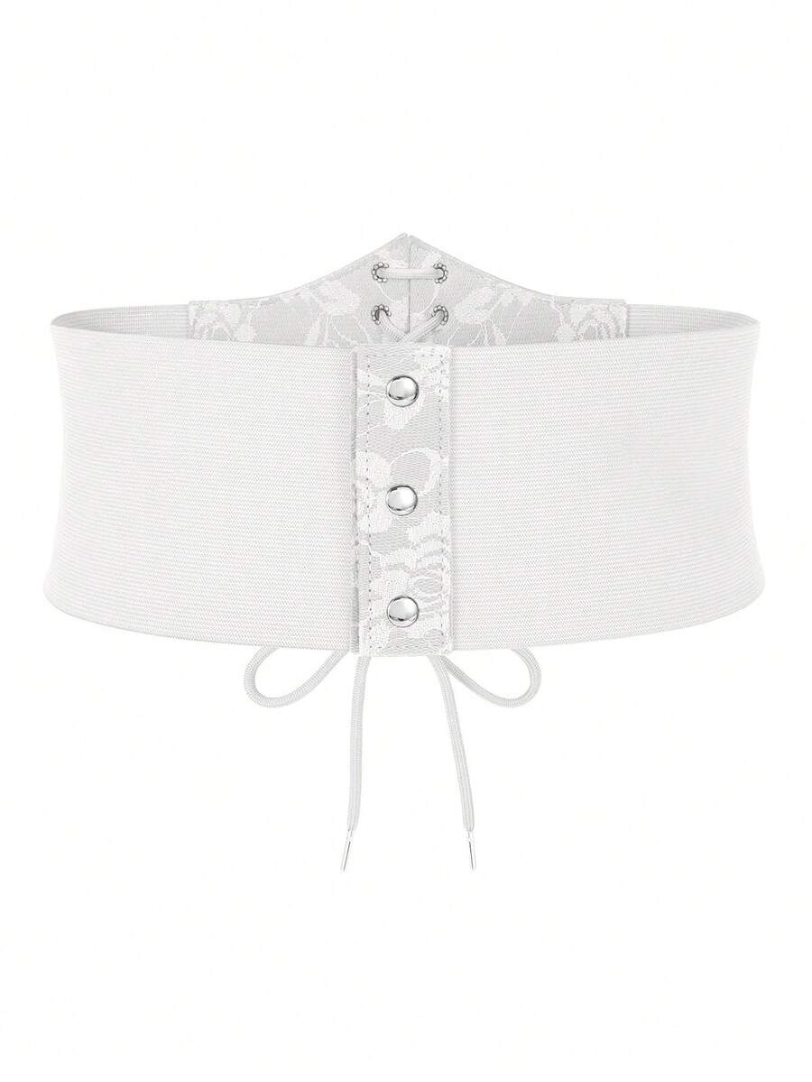 Black lace-up waist cincher with grommet eyelets, baroque pattern, medium stretch, and wide belt design for women.