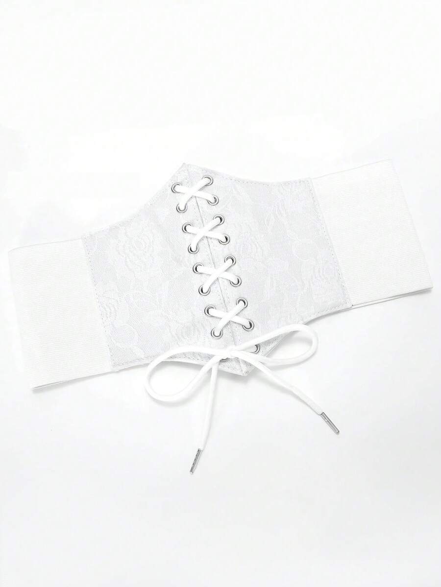 Black lace-up waist cincher with grommet eyelets, baroque pattern, medium stretch, and wide belt design for women.