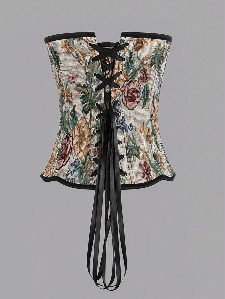 Multicolor floral pattern boned bustier micro crop top for women featuring a strapless sleeveless design and slim fit.